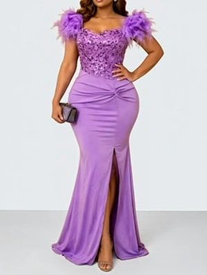 Sequin Feather Twist Split Hem Maxi Dress