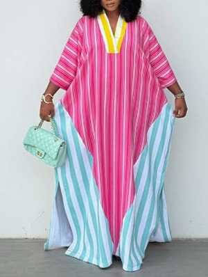 Colorblock V Neck Stripe Half Sleeve Dress