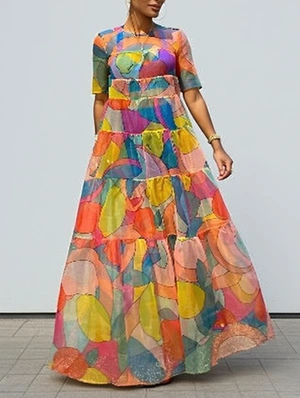 Colorful Printing Short Sleeve Boho Maxi Dress