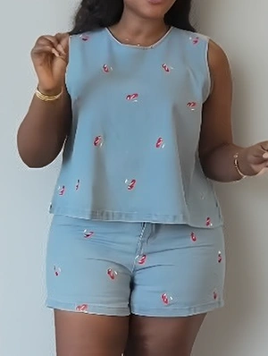 Casual Printed Sleeveless Tank And Shorts Sets