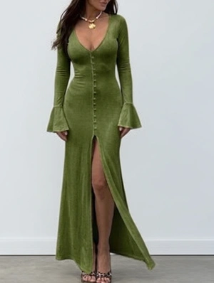 Patchwork Pure Color Single Breasted Long Sleeve Dress