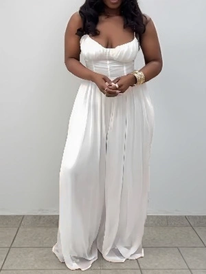 Solid Pleated Sleeveless Wide Leg Jumpsuits