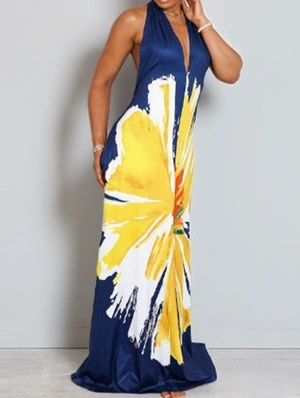 Floral Halter Backless Lace-Up Maxi Dress