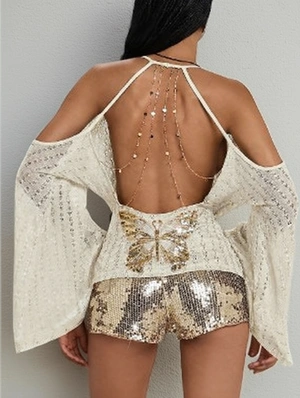 Butterfly Sequin Wing Neck Backless Tops