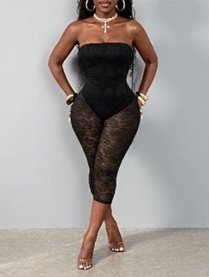Sheer Lace Panel Strapless Capri Rompers