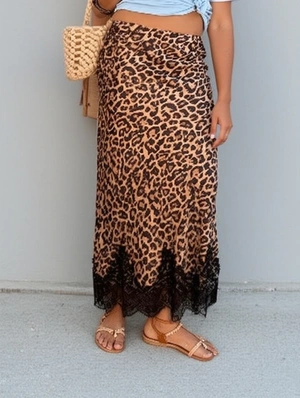 Leopard Print Lace Hem Maxi Dress Skirts