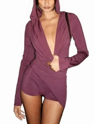 Plain Irregular V Neck Hooded Rompers