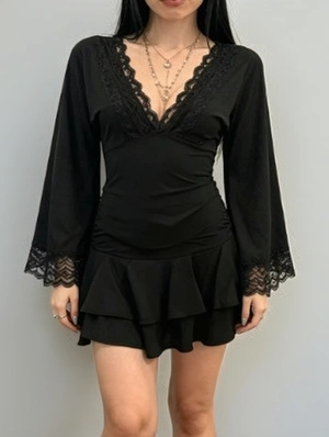 Lace Panel V Neck Trumpet Sleeve Dress
