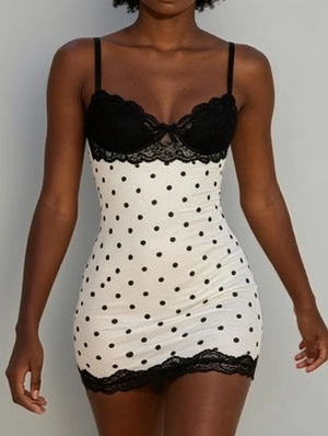 Polka Dots Sleeveless Lace Detail Mini Dress