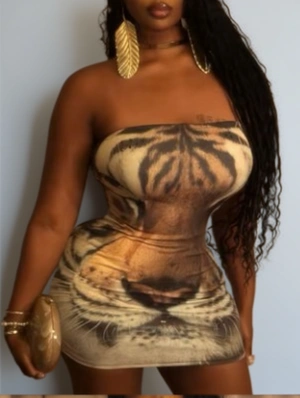 Tiger Printed Strapless Fitted Mini Dress