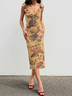 Ruffle Backless V Neck Lace Up Dress