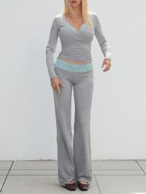 Lace Trim Long Sleeve Bodycon Tee Pant Sets
