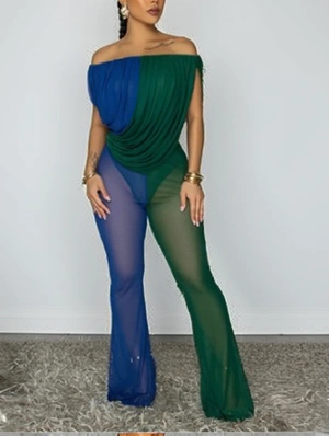 Colorblock Sheer Ruched Off Shoulder Jumpsuits