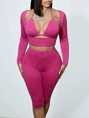 Sparkly Halter Lace-Up Long Sleeve Short Sets