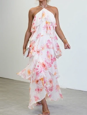 Chiffon Floral Halter Layered Maxi Dress
