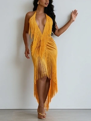 Fringe Deep V Neck Backless Maxi Dress