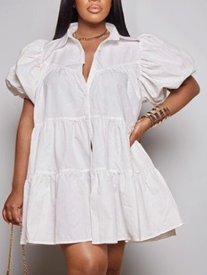 Puff Sleeve Lapel A-line Loose Mini Dress