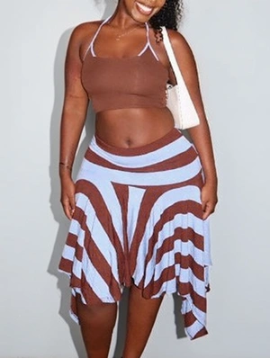 Contrast Halter Striped Irregular Skirt Sets