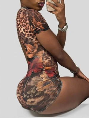 Leopard Floral Backless Lace-Up Rompers