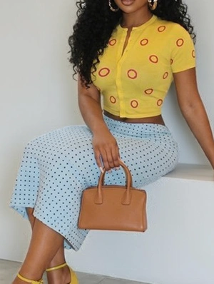 Contrast Polka Dots Cropped Skirt Sets