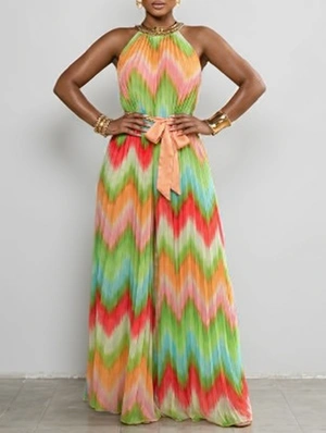 Contrast Wave Metal Chain Pleated Jumpsuits