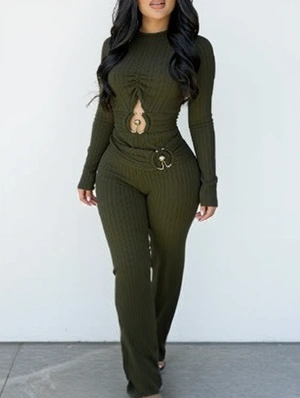 Ruched Metal Decor Hollow-out Flared Jumpsuits