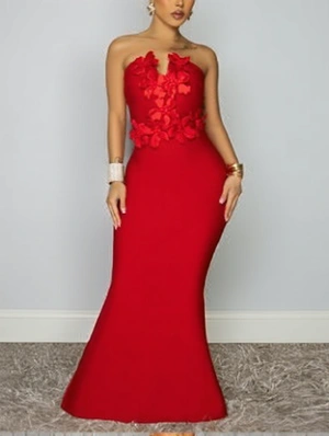 Flower Decor Strapless Luxury Maxi Dress