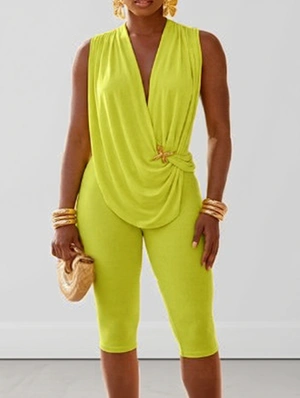 Wing Neck Sleeveless Metal Decor Rompers