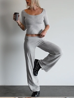 Solid Color Crewneck Flared Pant Sets