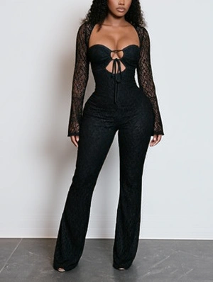 Lace Panel Sheer Tie-wrap Jumpsuits