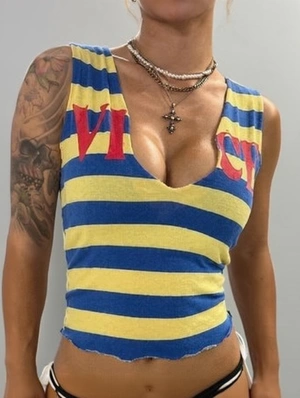 Contrast Striped Notch Cropped Tanks