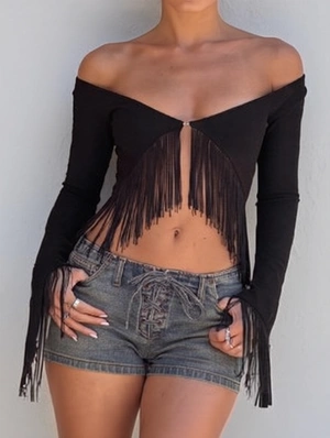 Fringe Splicing Long Sleeve Cropped Tee
