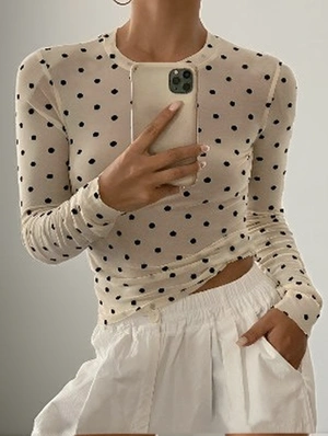 Long Sleeve Polka Dots Casual Mesh Tee