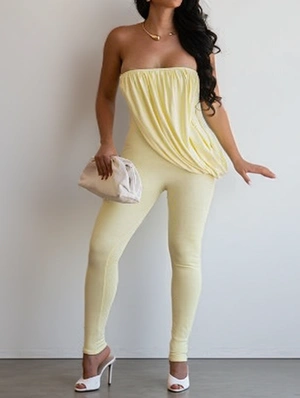 Ruched Plain Strapless Fitted Jumpsuits