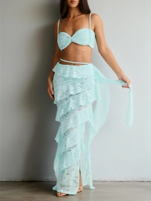 Lace Panel Sheer Ruffle Skirt Sets
