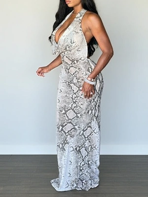 Snake Print Halter Backless Maxi Dress