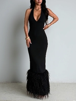 Elegant Black Feather Hem Halter Maxi Dress