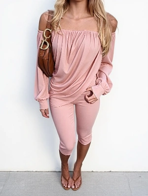 Off Shoulder Long Sleeve Top Capri Pant Sets