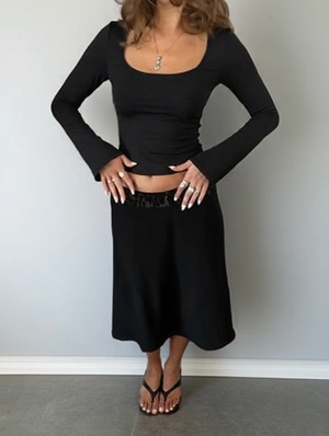 Lace Trim Long SleeveTee Midi Skirt Sets