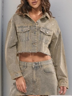 Rhinestones Washed Denim Lapel Jackets