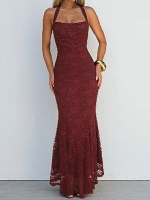 Halter Floral Embroidery Sleeveless Fishtail Maxi Dress