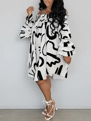 Printed Off Shoulder Bubble Long Sleeve Dress