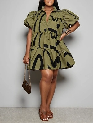 Abstract Printed Bubble Short Sleeve Shirt Dress