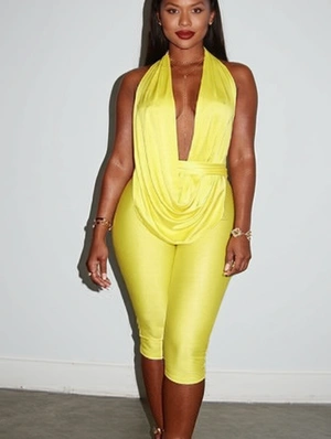 Ruched V Neck Backless Lace-Up Rompers