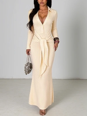 Deep V Shirt Collar Bodycon Mermaid Maxi Dress