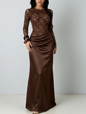 Lace Panel Waist‑Cinched Bodycon Maxi Dress