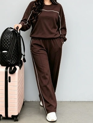 Pure Color Wide Leg Crewneck Pant Sets
