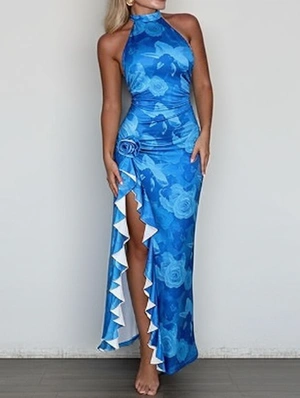 Halter Neck Split Hem Sheath Dress