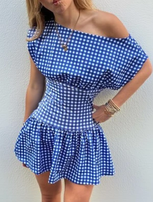 Contrast Plaid Inclined Shoulder Mini Dress