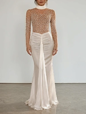 Luxury Ruched Faux Pearl Maxi Dress